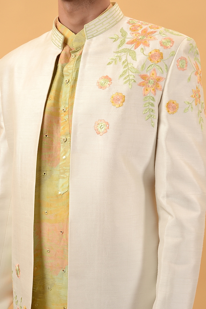 Off-White Raw Silk Machine & Hand Embroidered Wedding Indowestern Set by STEEL at Pernia's Pop Up Shop