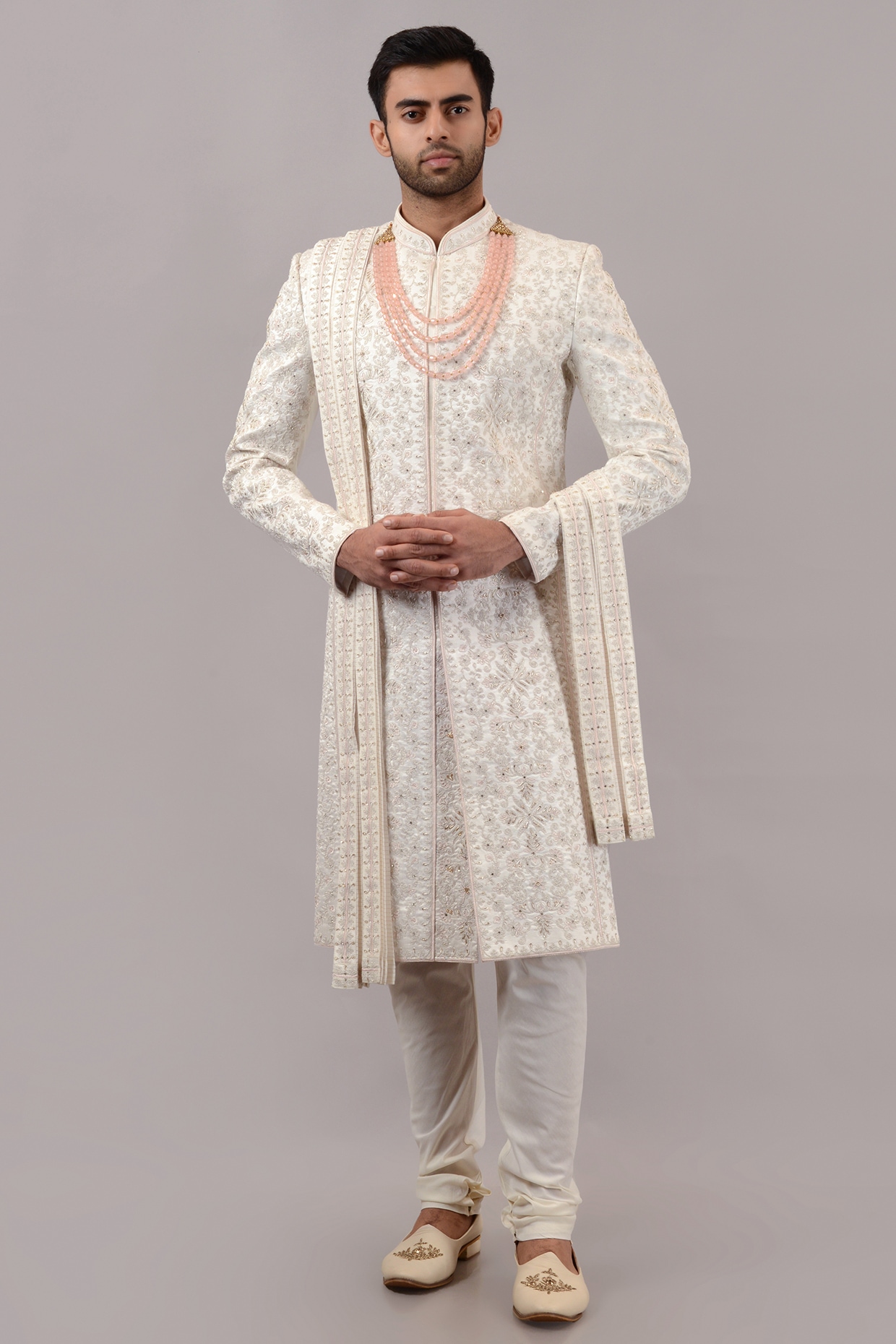 STEEL Off-White Banarasi Silk Hand & Machine Embroidered Sherwani Set