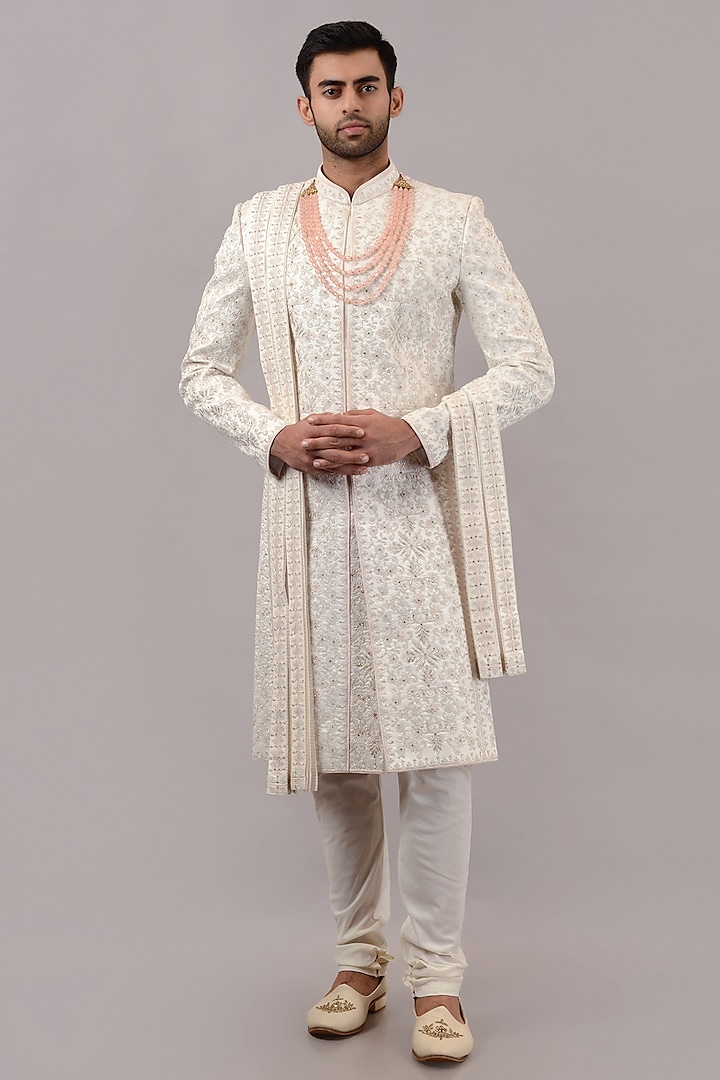 Off-White Banarasi Silk Hand & Machine Embroidered Sherwani Set by STEEL