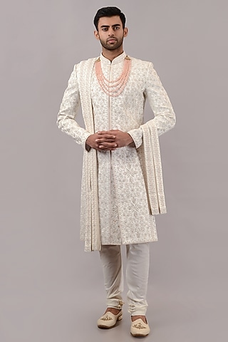 Off-White Banarasi Silk Hand & Machine Embroidered Sherwani Set by STEEL
