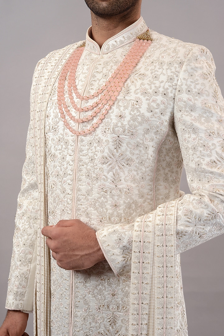 Off-White Banarasi Silk Hand & Machine Embroidered Wedding Sherwani Set by STEEL at Pernia's Pop Up Shop