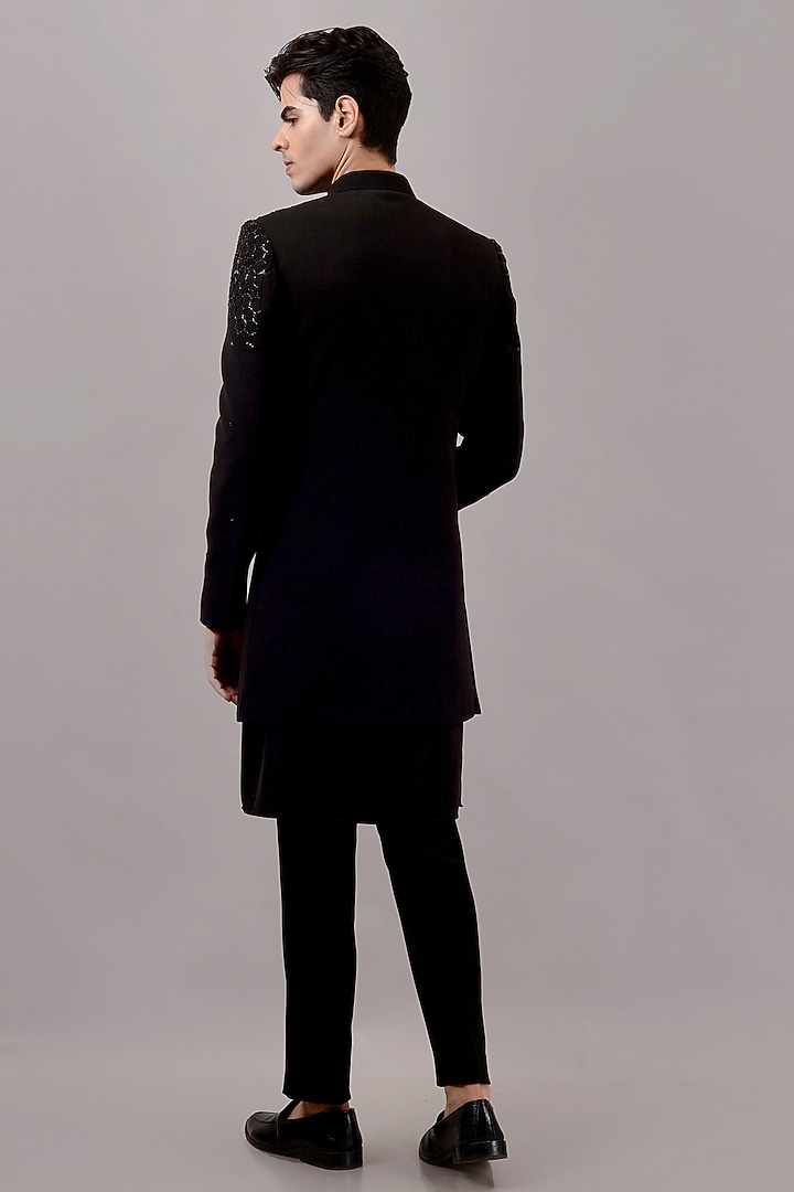 Black Suiting Fabric Hand Embroidered Wedding Indowestern Set by STEEL at Pernia's Pop Up Shop