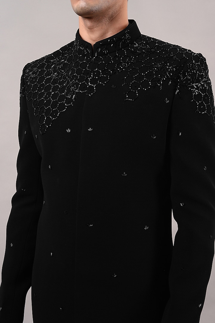 Black Suiting Fabric Hand Embroidered Wedding Indowestern Set by STEEL at Pernia's Pop Up Shop