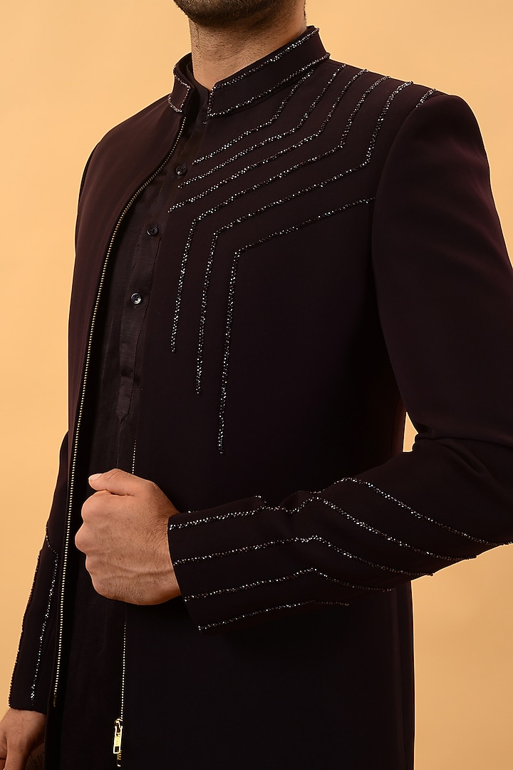 Wine Imported Suiting Fabric Hand Embroidered Wedding Indowestern Set by STEEL at Pernia's Pop Up Shop
