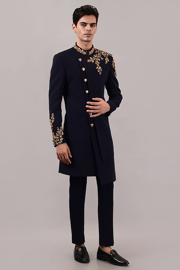 Navy Blue Textured Suiting Hand Embroidered Indowestern Set by STEEL