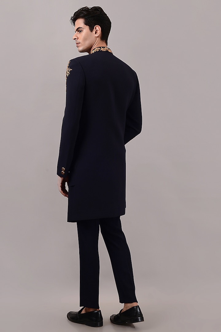 Navy Blue Textured Suiting Hand Embroidered Wedding Indowestern Set by STEEL at Pernia's Pop Up Shop