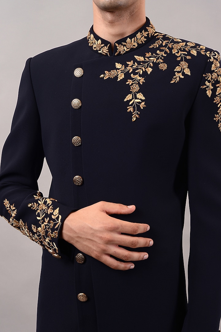 Navy Blue Textured Suiting Hand Embroidered Wedding Indowestern Set by STEEL at Pernia's Pop Up Shop