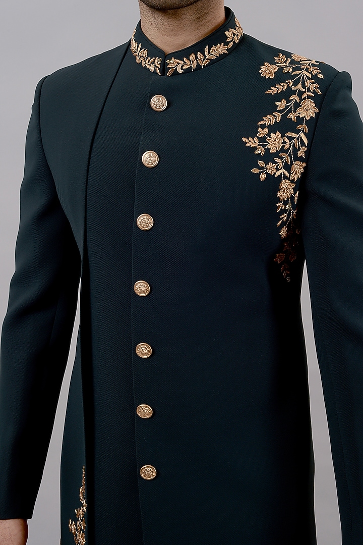 Bottle Green Textured Suiting Hand Embroidered Wedding Indowestern Set by STEEL at Pernia's Pop Up Shop