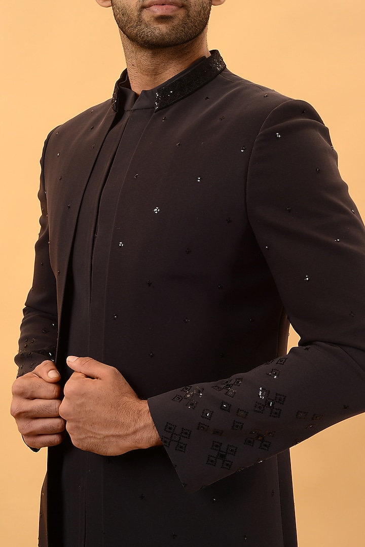 Grey Imported Suiting Fabric Hand & Machine Embroidered Wedding Indowestern Set by STEEL at Pernia's Pop Up Shop