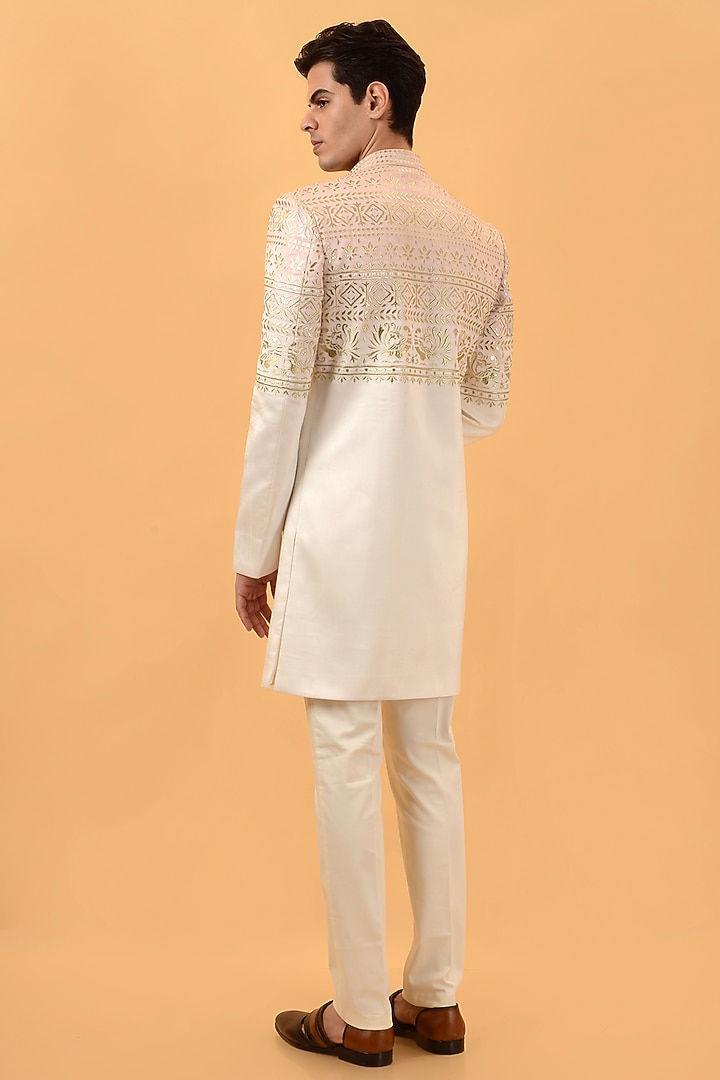 Pink Raw Silk Machine Embroidered Wedding Indowestern Set by STEEL at Pernia's Pop Up Shop