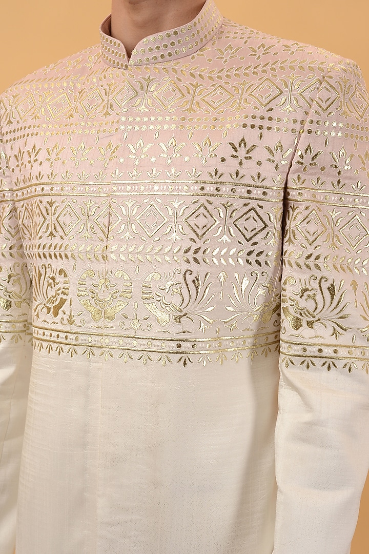Pink Raw Silk Machine Embroidered Wedding Indowestern Set by STEEL at Pernia's Pop Up Shop