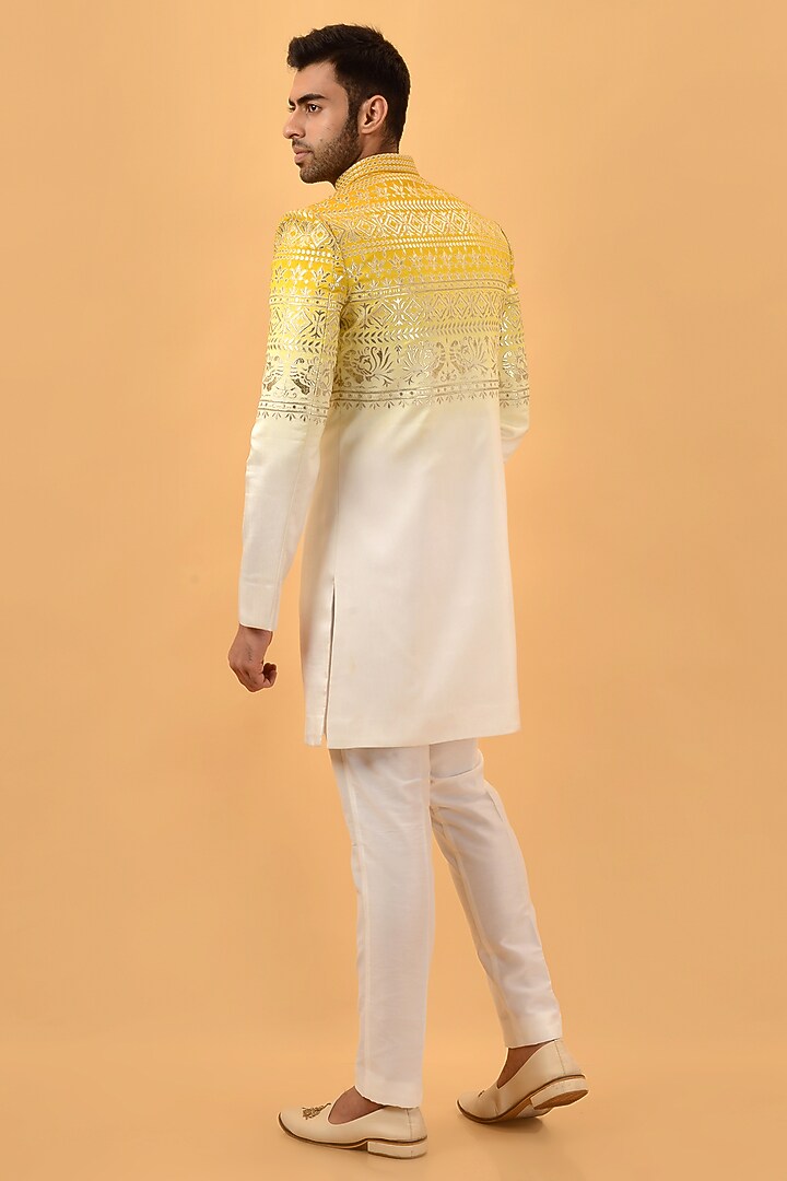 Yellow Raw Silk Machine Embroidered Wedding Indowestern Set by STEEL at Pernia's Pop Up Shop