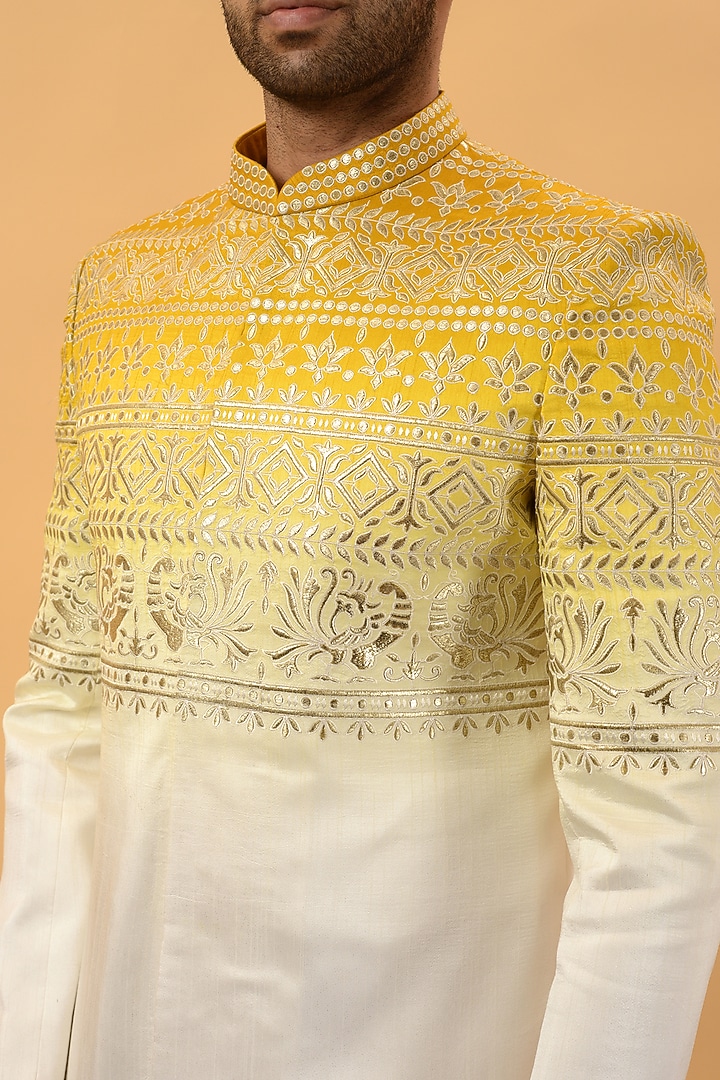 Yellow Raw Silk Machine Embroidered Wedding Indowestern Set by STEEL at Pernia's Pop Up Shop