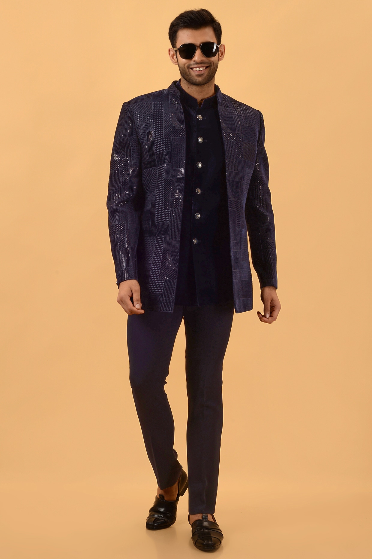 STEEL Navy Blue Velvet Machine Embroidered Jodhpuri Set