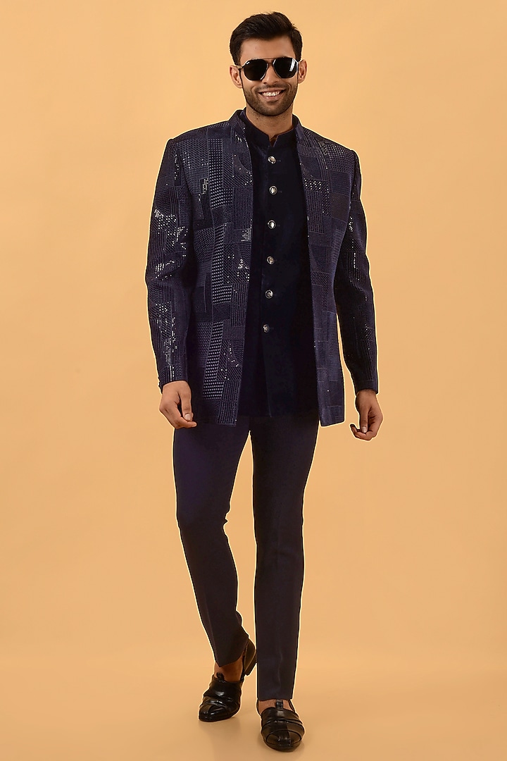 Navy Blue Velvet Machine Embroidered Jodhpuri Set by STEEL