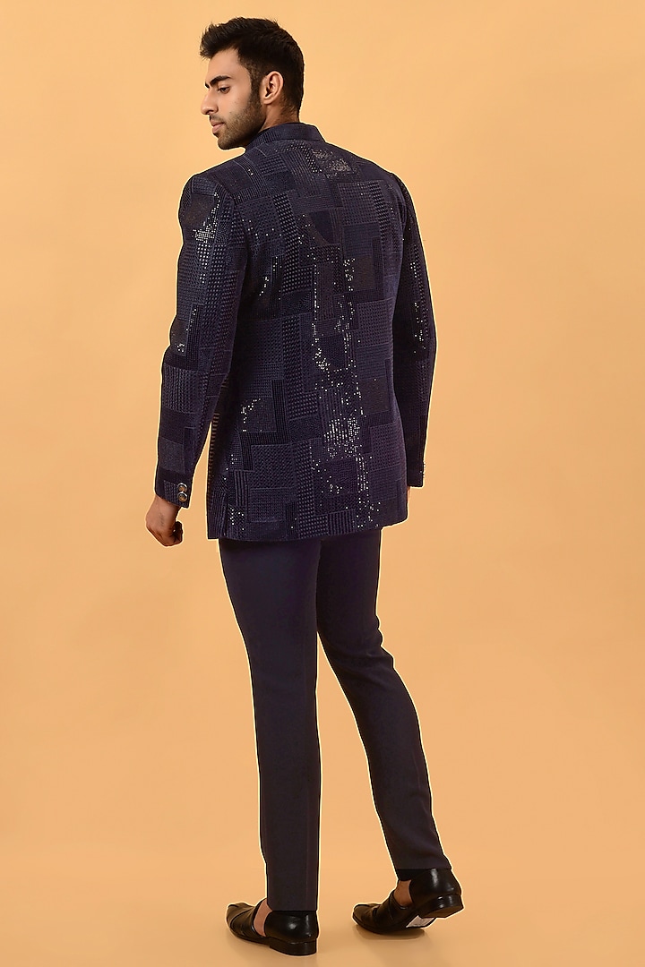 Navy Blue Velvet Machine Embroidered Jodhpuri Set by STEEL at Pernia's Pop Up Shop