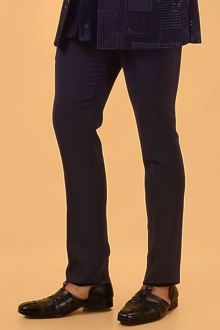 Navy Blue Velvet Machine Embroidered Jodhpuri Set by STEEL at Pernia's Pop Up Shop