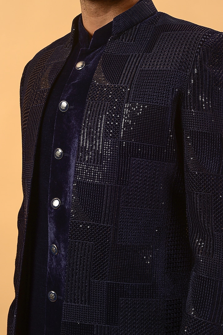 Navy Blue Velvet Machine Embroidered Jodhpuri Set by STEEL at Pernia's Pop Up Shop