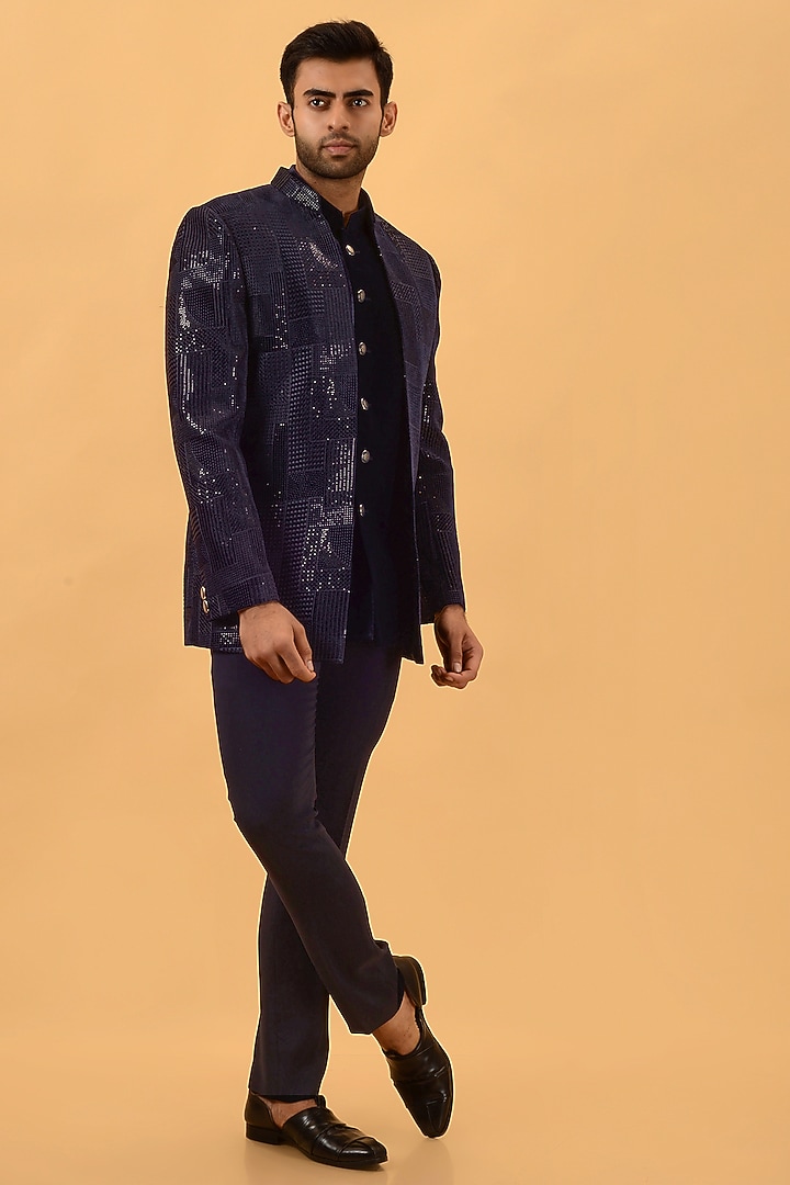 Navy Blue Velvet Machine Embroidered Jodhpuri Set by STEEL at Pernia's Pop Up Shop