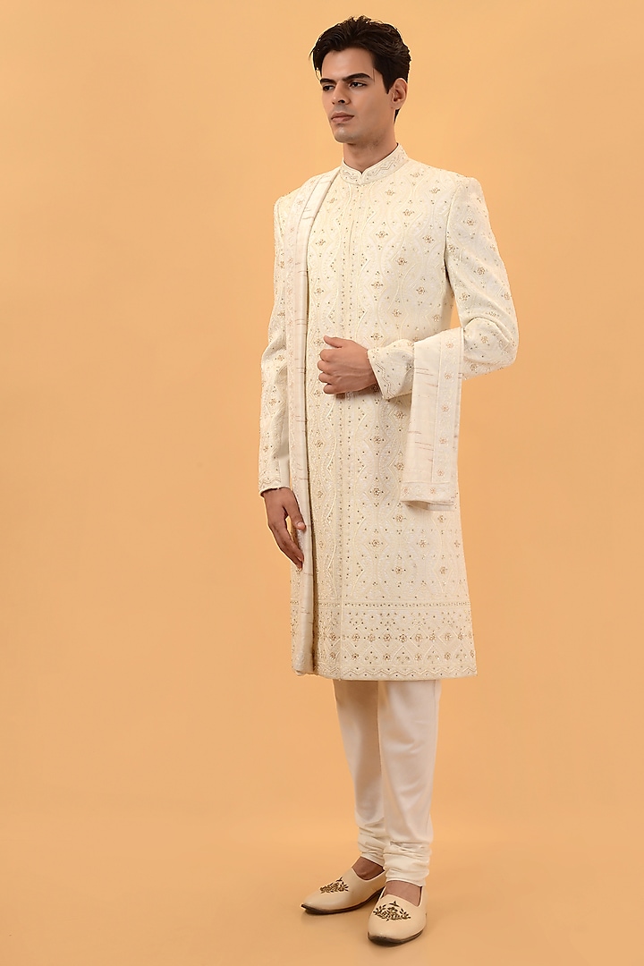 Cream Raw Silk Machine & Hand Embroidered Sherwani Set by STEEL