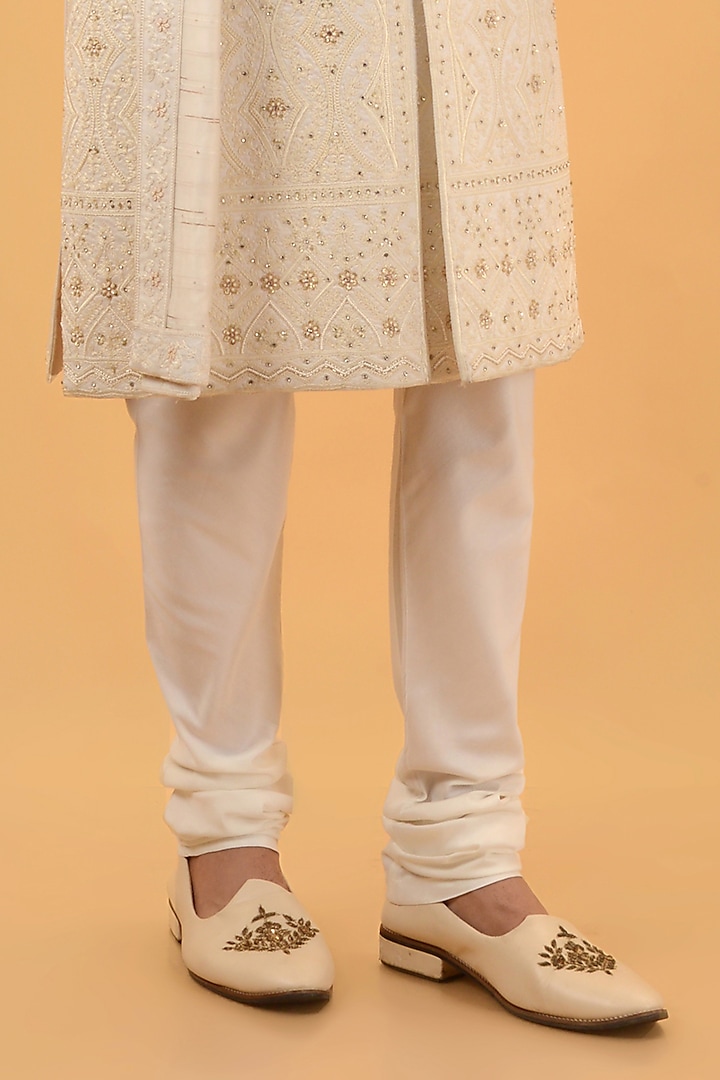 Cream Raw Silk Machine & Hand Embroidered Wedding Sherwani Set by STEEL at Pernia's Pop Up Shop