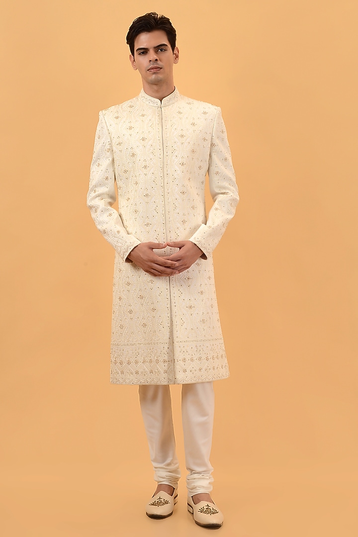 Cream Raw Silk Machine & Hand Embroidered Wedding Sherwani Set by STEEL at Pernia's Pop Up Shop