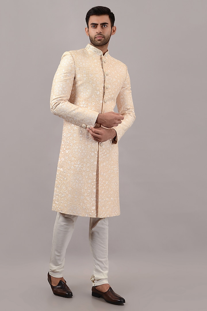 Peach Raw Silk Resham Embroidered Sherwani Set by STEEL