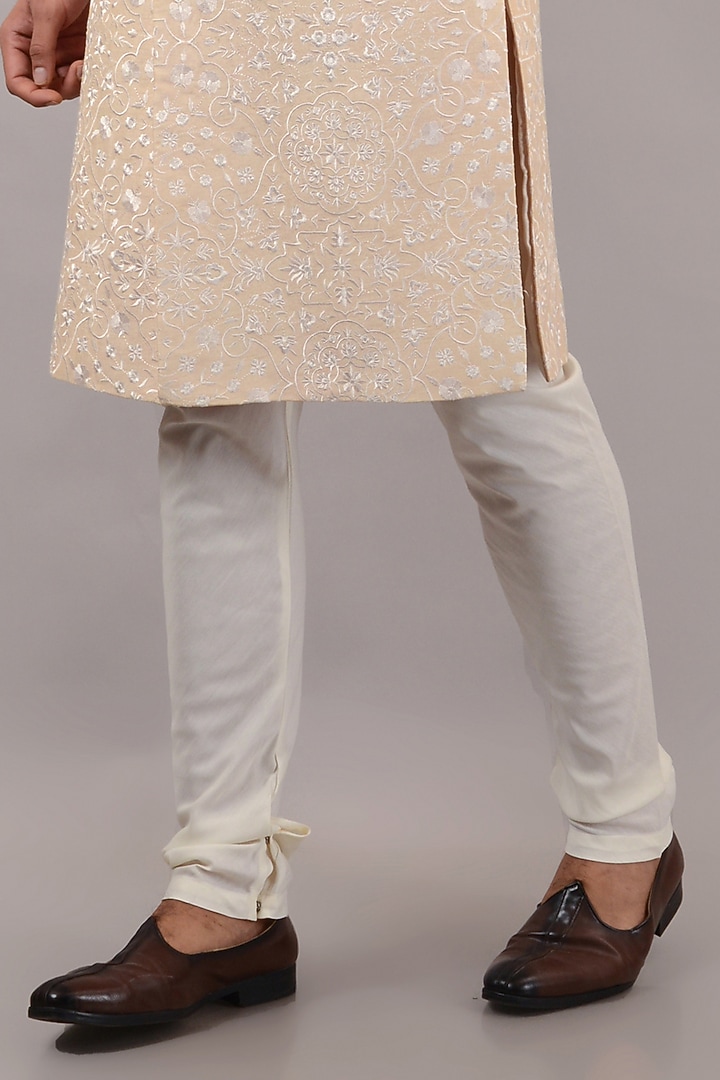 Peach Raw Silk Resham Embroidered Wedding Sherwani Set by STEEL at Pernia's Pop Up Shop
