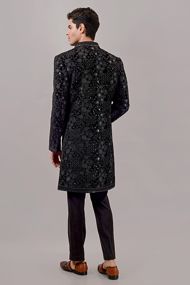 Black Velvet Resham & Sequins Embroidered Indo-Western Set by STEEL at Pernia's Pop Up Shop