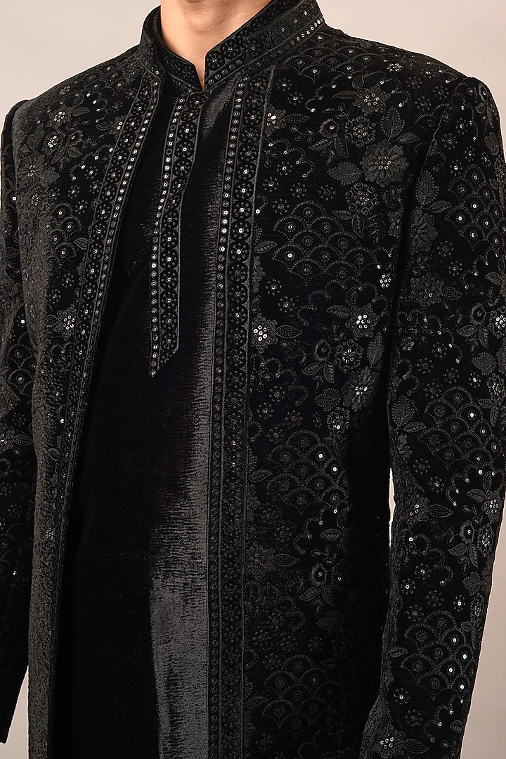 Black Velvet Resham & Sequins Embroidered Indo-Western Set by STEEL at Pernia's Pop Up Shop