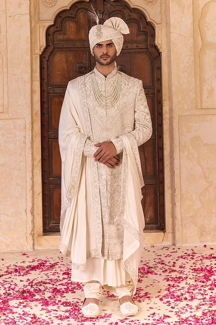 Ivory Dupion Silk Hand Embroidered Sherwani Set by STEEL