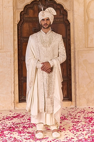 Ivory Dupion Silk Hand Embroidered Sherwani Set by STEEL