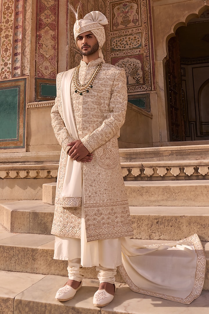 Off-White Dupion Silk Hand & Machine Embroidered Sherwani Set by STEEL