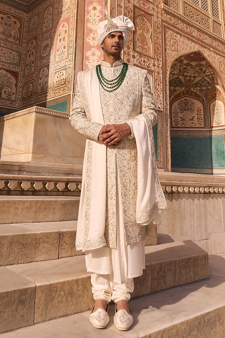 Ivory Dupion Silk Hand Embroidered Sherwani Set by STEEL