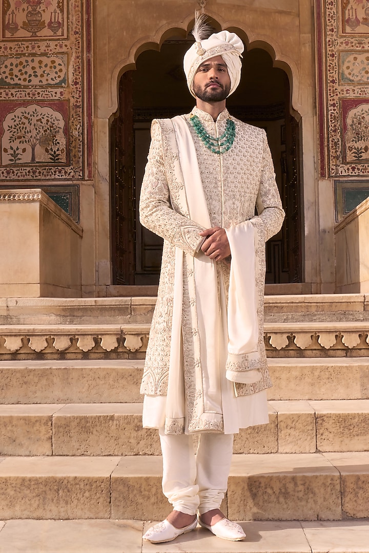 Ivory Dupion Silk Hand Embroidered Sherwani Set by STEEL