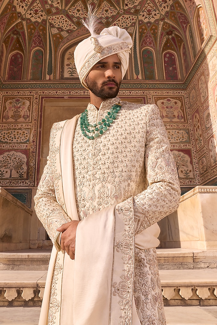 Ivory Dupion Silk Hand Embroidered Groom Sherwani Set by STEEL at Pernia's Pop Up Shop