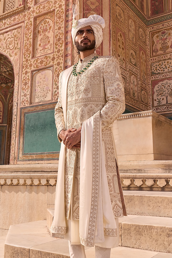 Off-White Dupion Silk Hand Embroidered Sherwani Set by STEEL