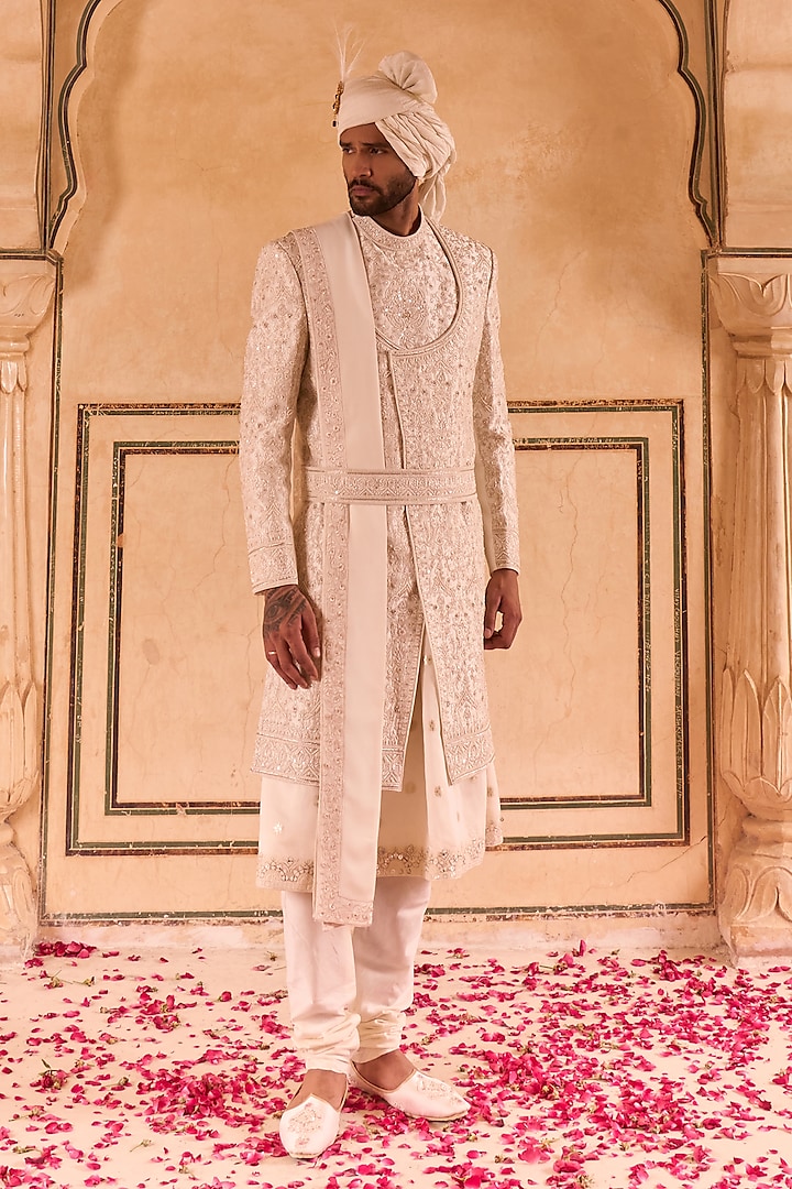 Ivory Dupion Silk Hand & Machine Embroidered Sherwani Set by STEEL