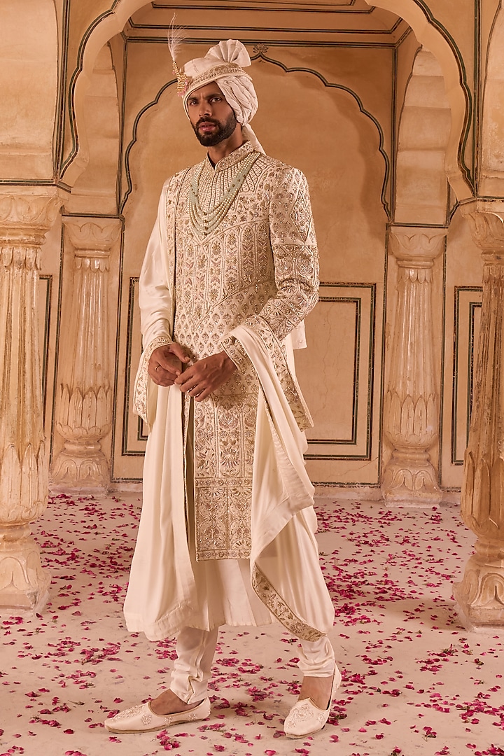 Ivory Dupion Silk Hand Embroidered Groom Sherwani Set by STEEL at Pernia's Pop Up Shop