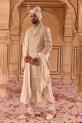 Ivory Dupion Silk Hand Embroidered Sherwani Set by STEEL
