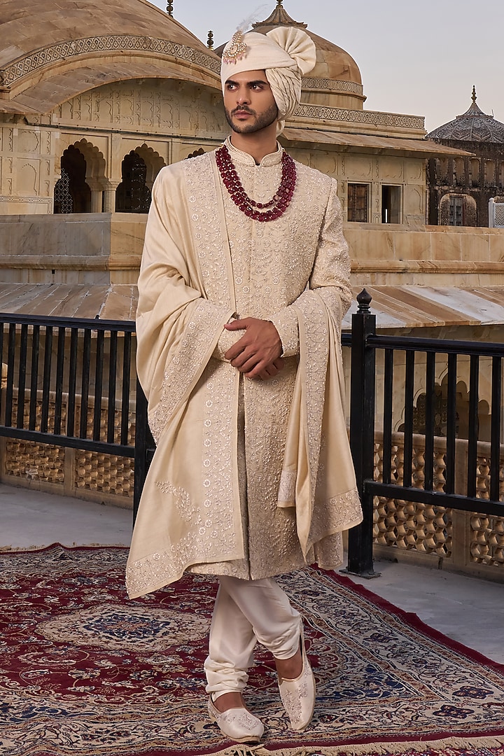 Light Beige Viscose Silk Hand & Machine Embroidered Groom Sherwani Set by STEEL at Pernia's Pop Up Shop