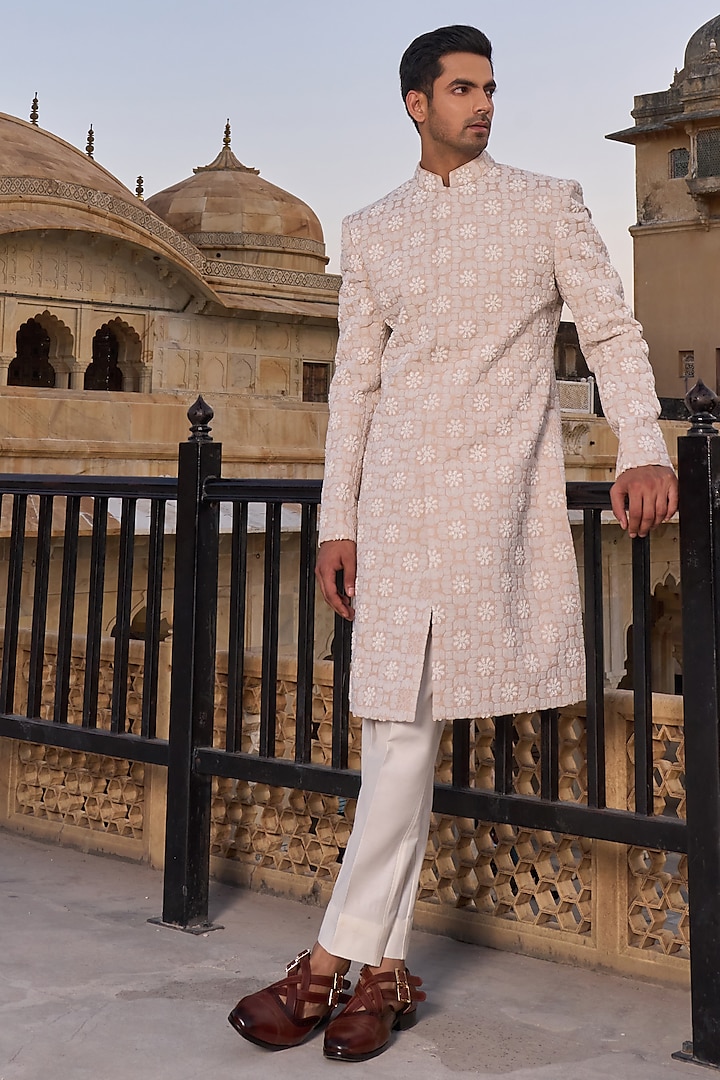 Beige Viscose Silk Hand & Machine Embroidered Sherwani Set by STEEL