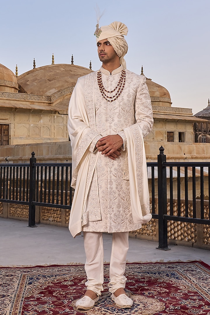 Ivory Viscose Silk Hand & Machine Embroidered Groom Sherwani Set by STEEL at Pernia's Pop Up Shop