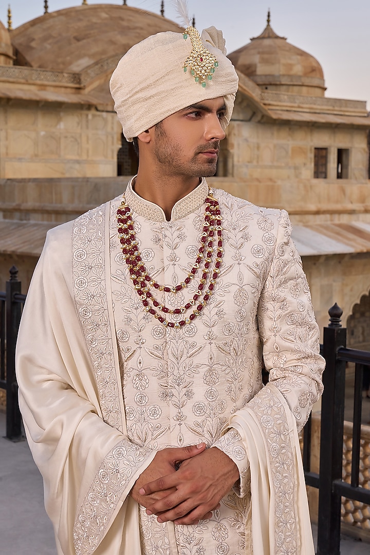 Ivory Viscose Silk Hand & Machine Embroidered Groom Sherwani Set by STEEL at Pernia's Pop Up Shop
