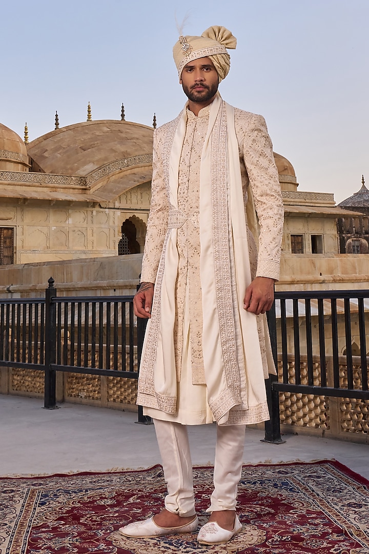 Beige Viscose Silk Hand & Machine Embroidered Sherwani Set by STEEL