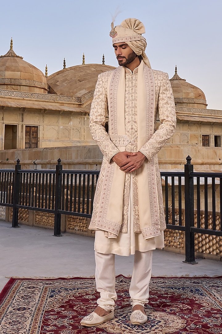 Beige Viscose Silk Hand & Machine Embroidered Sherwani Set by STEEL