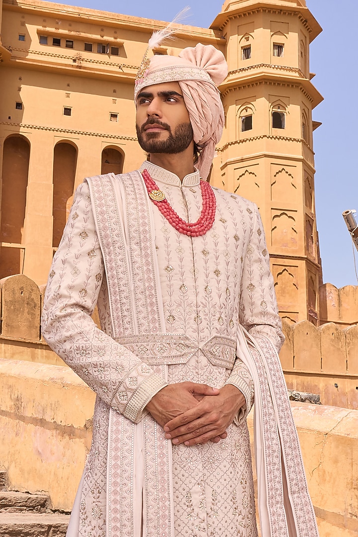 Powder Pink Viscose Silk Hand & Machine Embroidered Groom Sherwani Set by STEEL at Pernia's Pop Up Shop