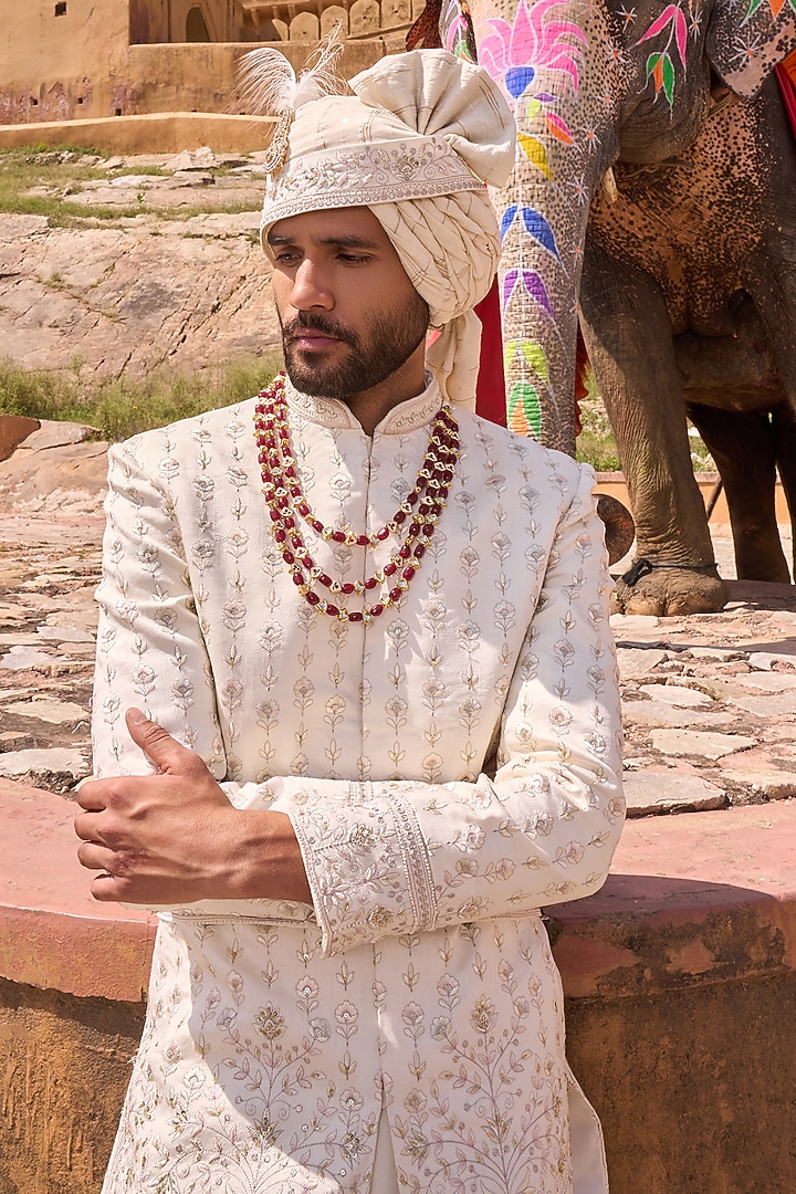 Off-White Viscose Silk Hand & Machine Embroidered Groom Sherwani Set by STEEL at Pernia's Pop Up Shop