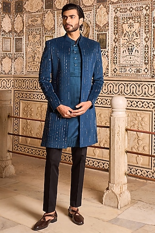 Teal Blue Velvet Hand Embroidered Indowestern Set by STEEL