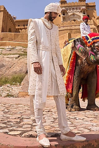Off-White Viscose Silk Hand & Machine Embroidered Sherwani Set by STEEL